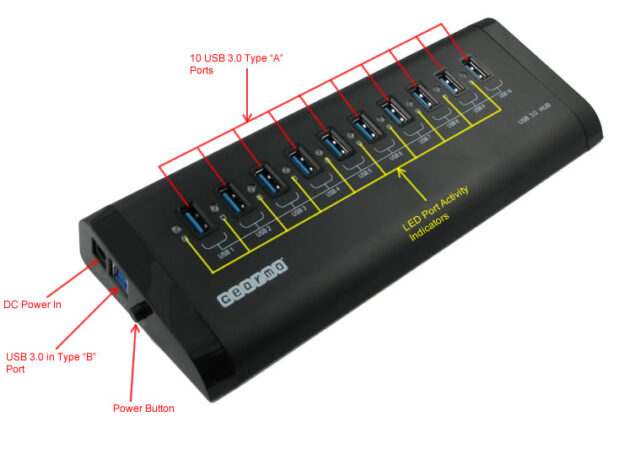 10-Port Aluminum USB 3.0 Self Powered Hub